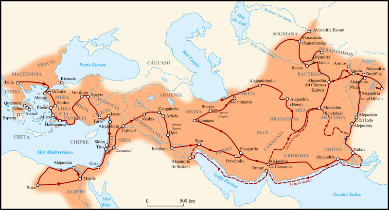 Estende masima de la Impero de Alexandro la Grande.