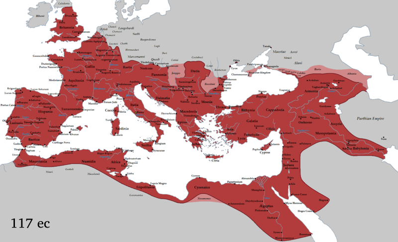 Estende masima de la Impero Roman, su la imperor Trajano en la anio 117 ec.