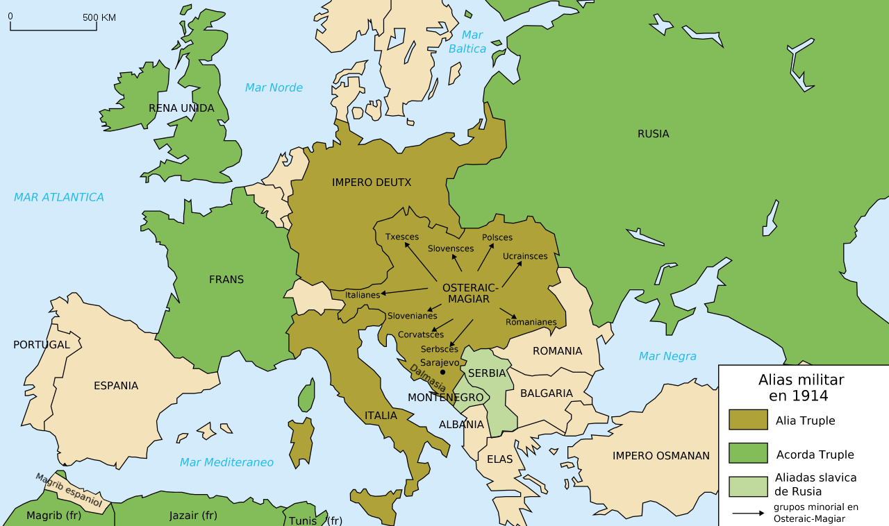 En la Gera Mundal Prima, cual on pote defini como un gera interna european, la Aliadas ia es divideda entre la Impero Osteraic-Magiar e Deutxland a un lado e Frans, England e Rusia a la otra.