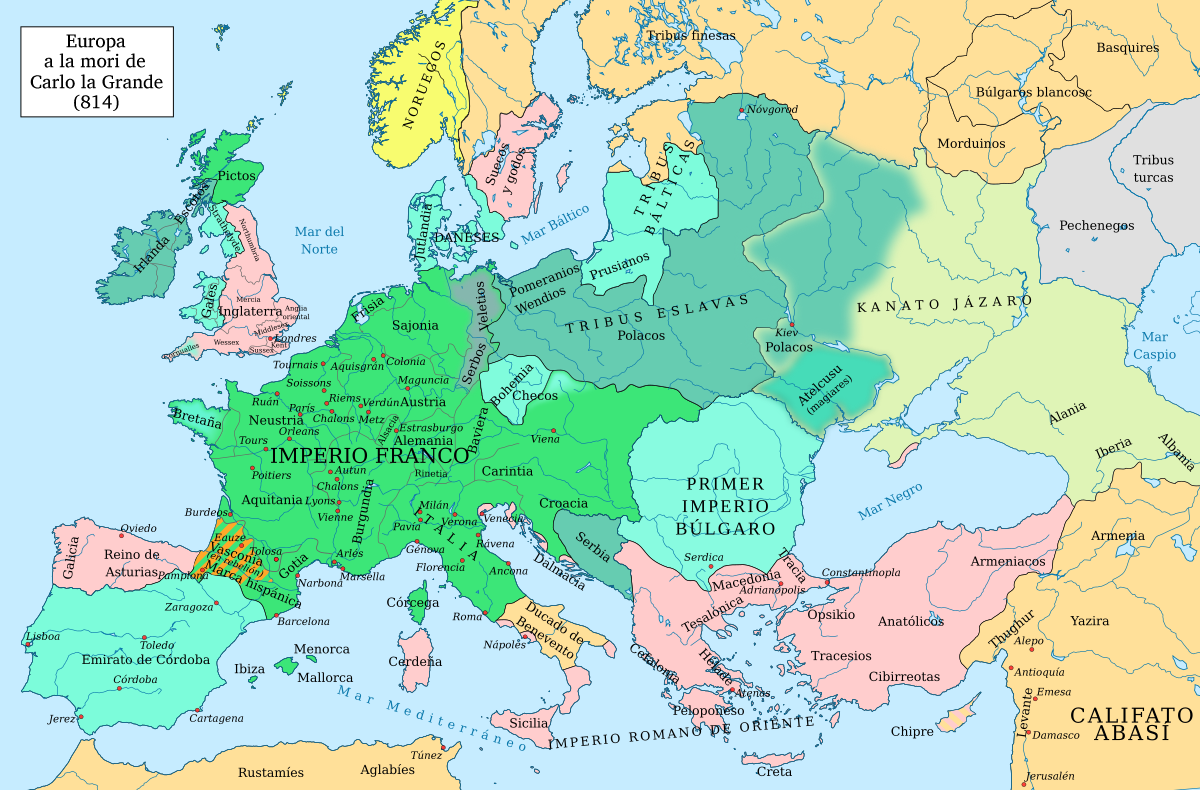 Mapa de Europa pos la mori de Carlo la Grande en 814.