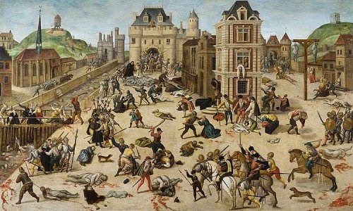 La masacra de San Bartolomeo, cual ia aveni en 1572, en cual la catolicas ia mata la ugonotes. La masacra ia comensa a la note de la 23-24 agosto e ia dura tra alga semanas.