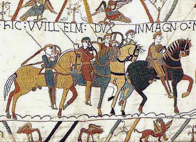 <i>La Batalia de Hastings</i>. La tapeto imajosa de Bayeux mostra la concista normande de England (sirca 1070).